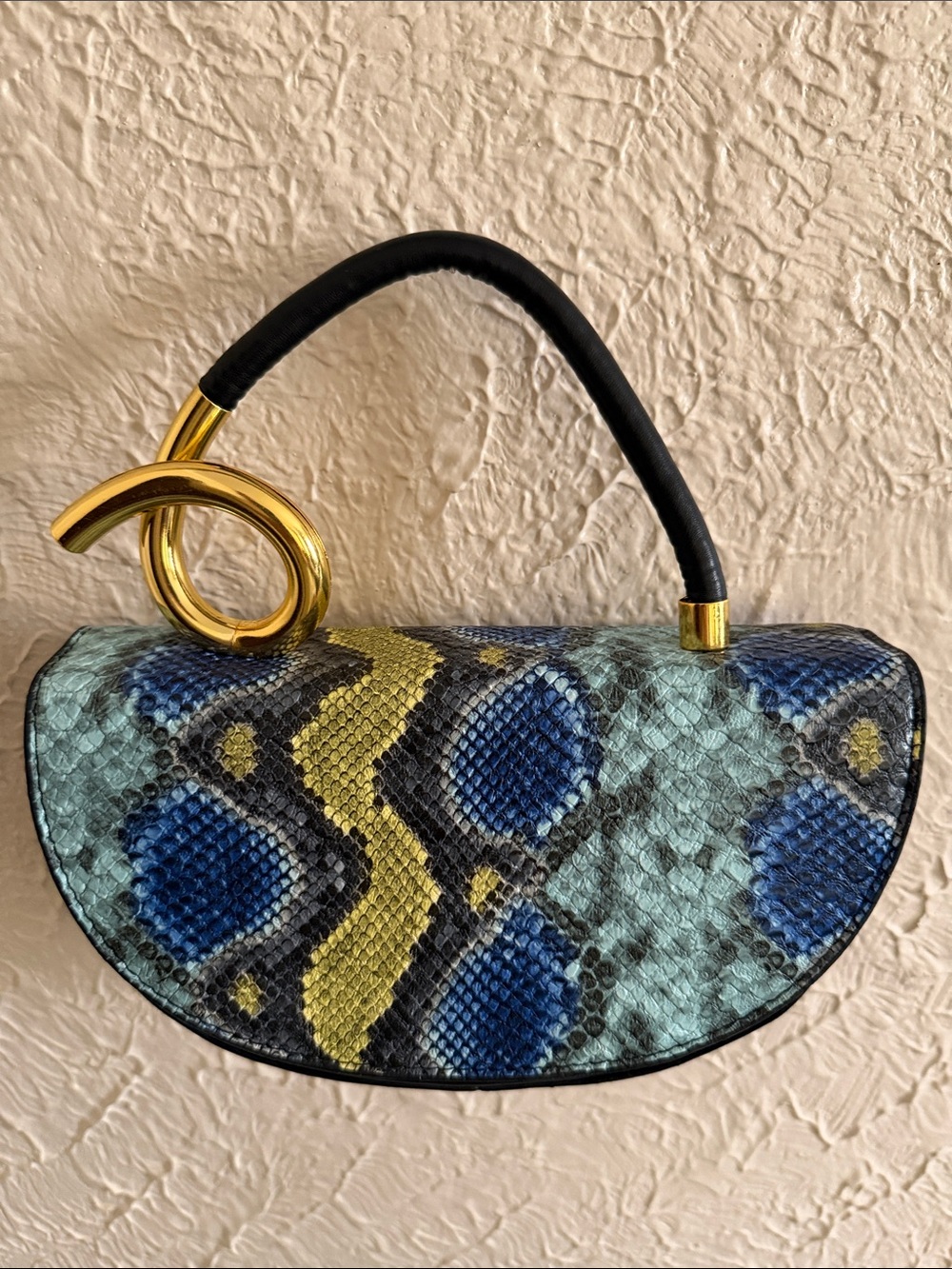 Blue & Yellow Snake-Print Top Handle Bag
